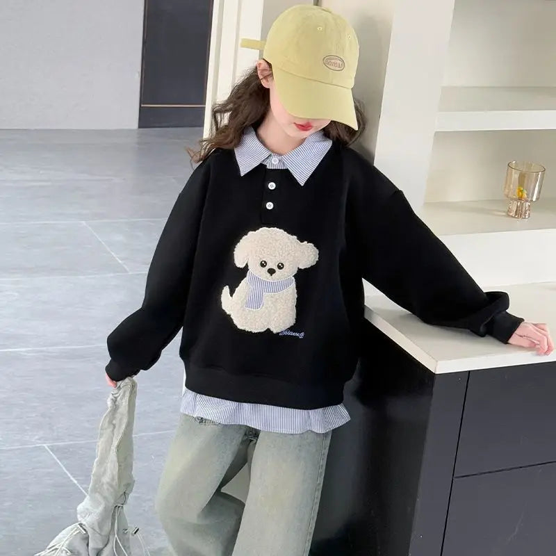 Sweatshirt Girls' 2025 New Faux Two-Piece Polo Hoodie Spring/Autumn Kids Medium-Large Loose Fit Cartoon Puppy Top