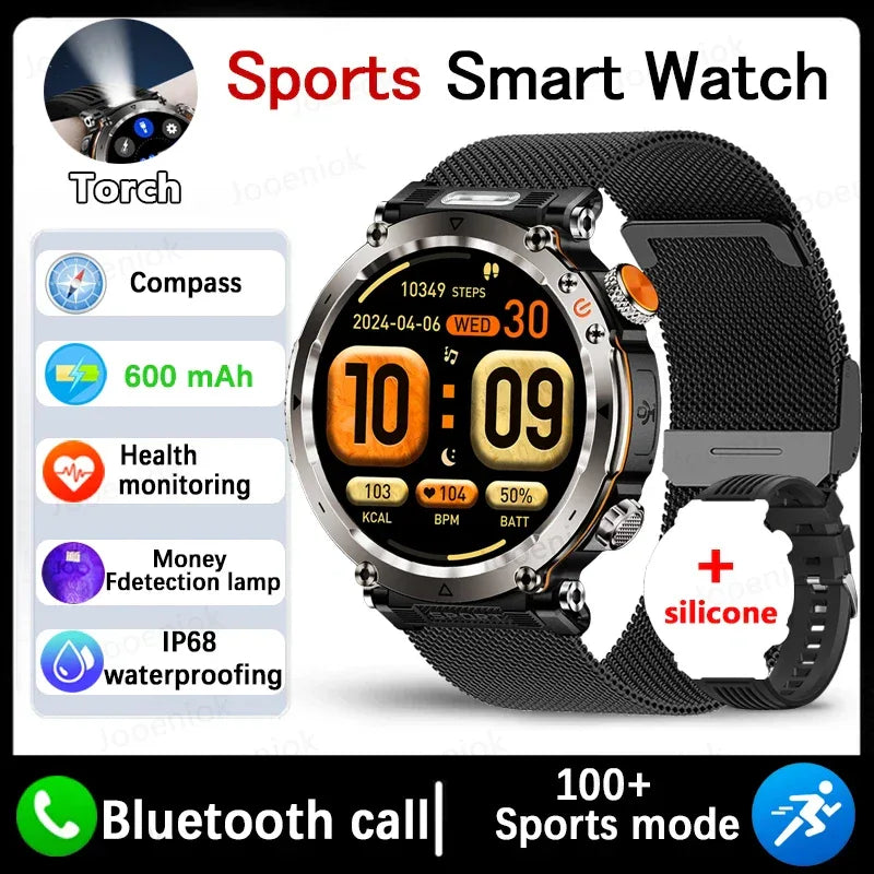 2026 New Outdoor Sports Smartwatch Men Compass 600mAh LED Flashlight Bluetooth Call 3ATM Waterproof Smartwatch For Android iOS