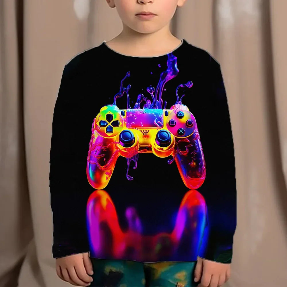 Top Clothes For Children Clothing Autumn Games Console Black T-Shirt Kids Tees Long Sleeve Tshirt From 10 To 12 Years Old Boys