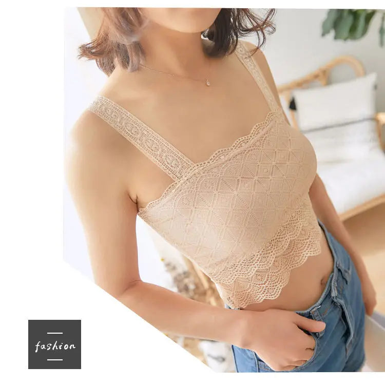 Summer Sexy Lace Camisole Tank Tops Women Beautiful Back Top Lady Seamless Hollow Out Elastic with Chest Pads Woman Clothing