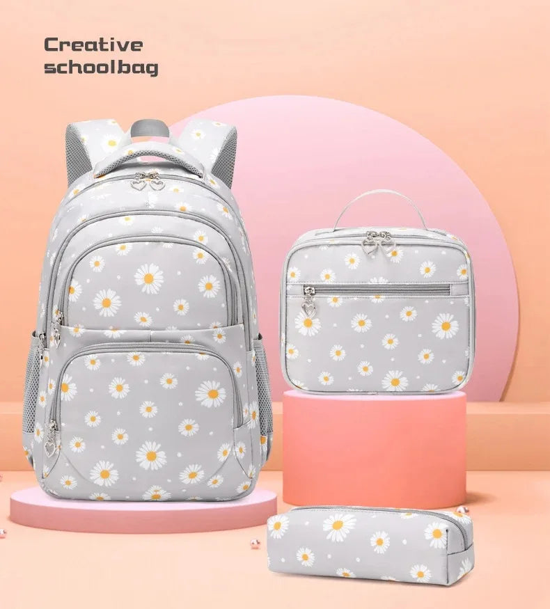 Daisy Pattern School Bag Backpack Pencil Case Handbag Three Piece Set Nylon Fabric Waterproof Boys Girl Teenagers Trend Backpack