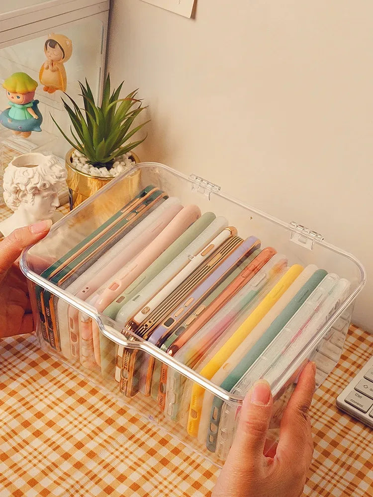 Ins Transparent Phone Case Organizer Storage Box with Cover Home Desktop Acrylic Sundries Storage Basket Phone Case Holder