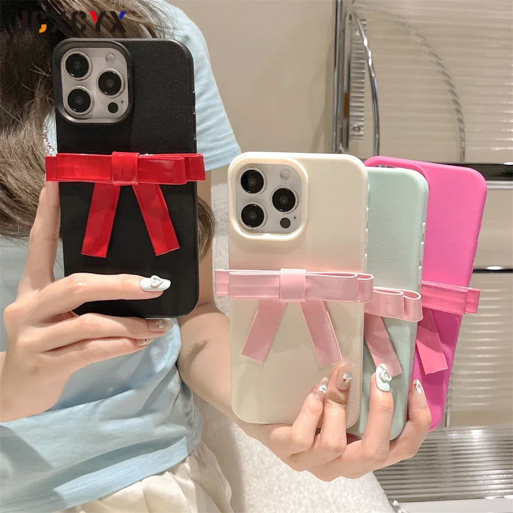 Korean Cute 3D Bowknot Lychee Leather Pattern TPU Phone Case For iphone 16 15 14 13 12 11 Pro Max 14 15 16 Plus Kawaii Cover