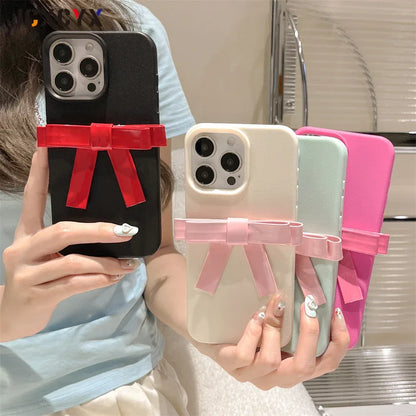Korean Cute 3D Bowknot Lychee Leather Pattern TPU Phone Case For iphone 16 15 14 13 12 11 Pro Max 14 15 16 Plus Kawaii Cover