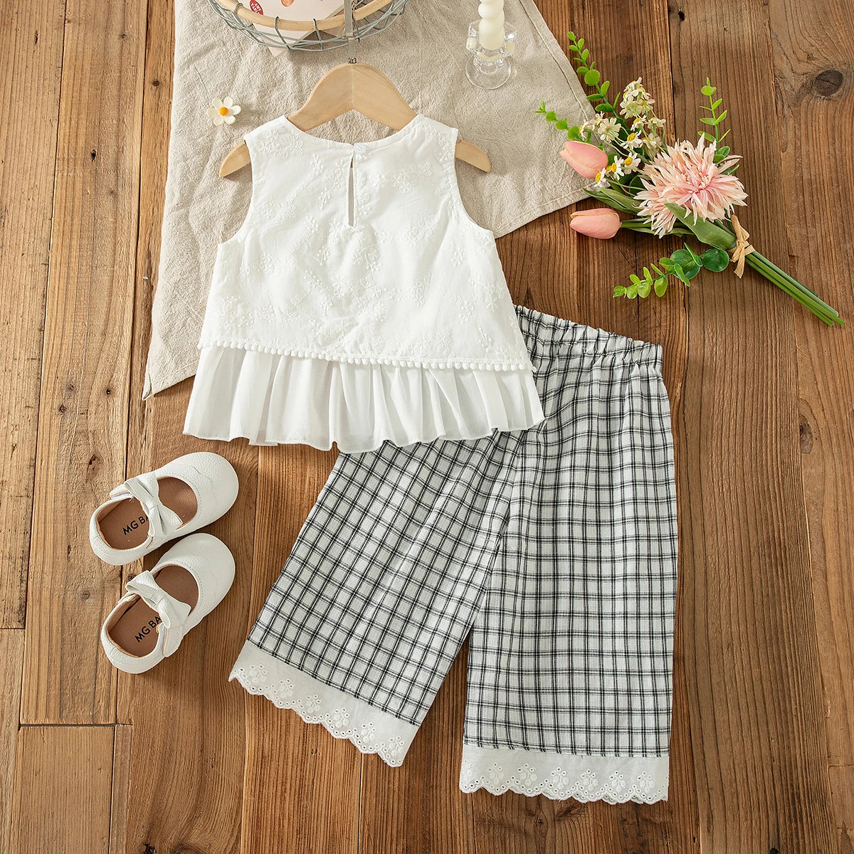 2pc/Set Girls' Outfits Set Summer Solid-Color Checkered Sleeveless Top And Pants Baby Girl Clothes Cute Beach Baby Outfit Set