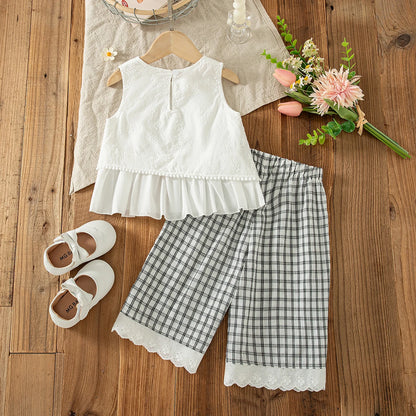 2pc/Set Girls' Outfits Set Summer Solid-Color Checkered Sleeveless Top And Pants Baby Girl Clothes Cute Beach Baby Outfit Set