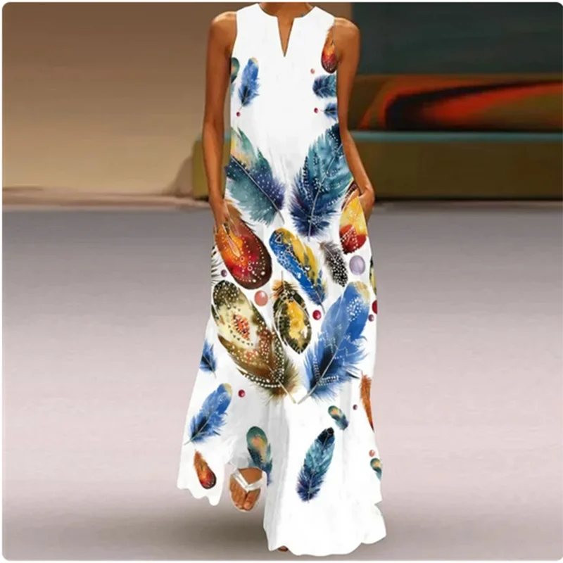 Sleeveless Feather Printed Dress Bohemian Vest Dresses Trendy Beach Casual Loose Robe Colorful Summer