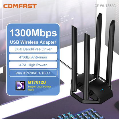 COMFAST 1300M Adaptador Wi Fi Banda Dupla Sem Fio 2.4G/ 5GHz 4 Antenna USB3.0 Wireless USB Placa Wifi Pra PC  Kali Linux Adapter