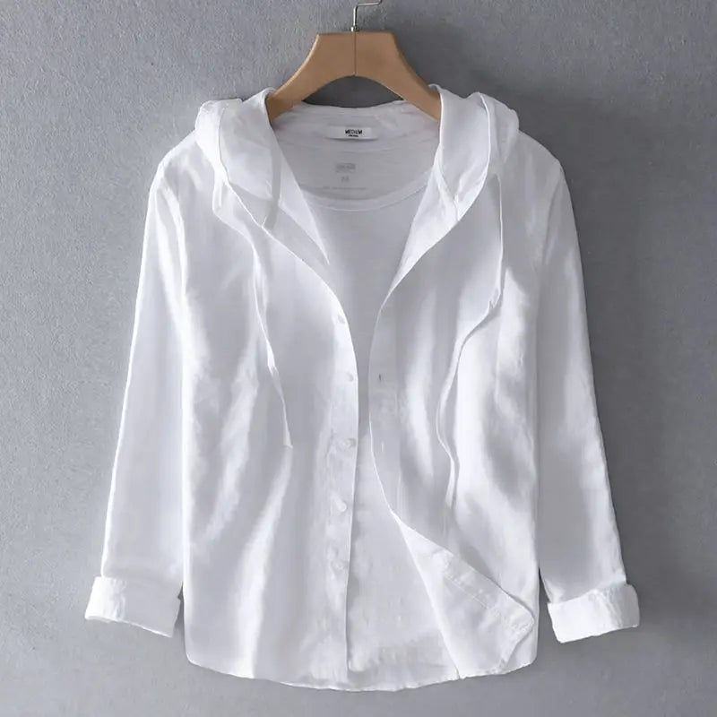 Spring Summer New Hooded Long-sleeved Solid Inen Shirt Trendy Men's Thin Loose Youth Fashionable Cotton Linen Sunscreen Shirt