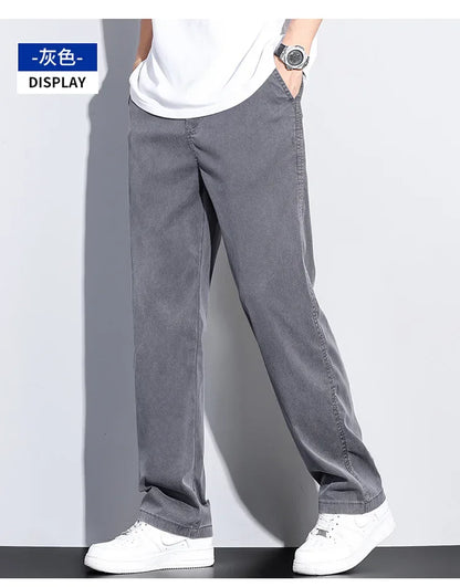 2024 Summer Jeans for Men Thin Soft Lyocell Fabric Loose Straight Wide Leg Pants Elastic Waist Casual Trousers Plus Size M-5XL