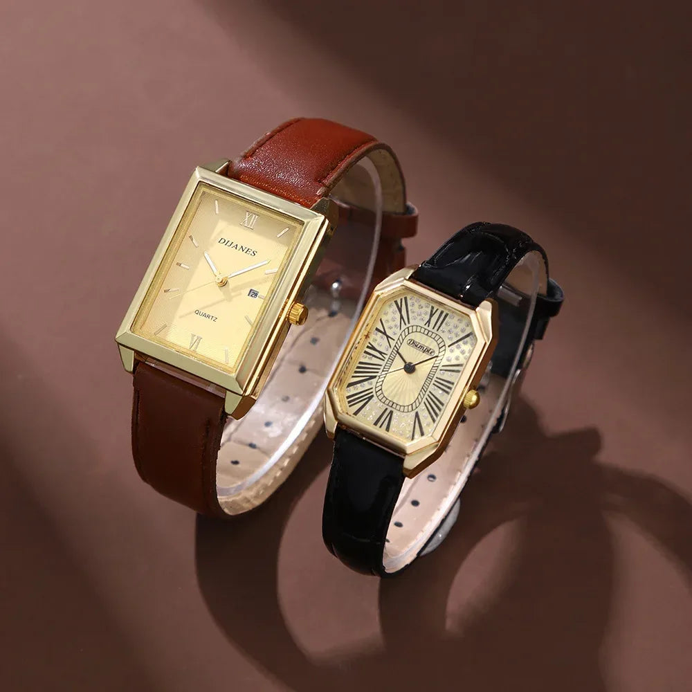 2pcs/set Square Couple's Watch, PU Leather Strap, Quartz Movement | Gifts for Men or Women | Valentine's Day Gifts