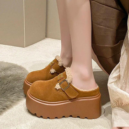 Platform High Heels Slippers Women Suede Mules Shoes Fur Warm Wedges Flip Flops 2025 Winter New Snow Boots Fashion Zapatos Mujer