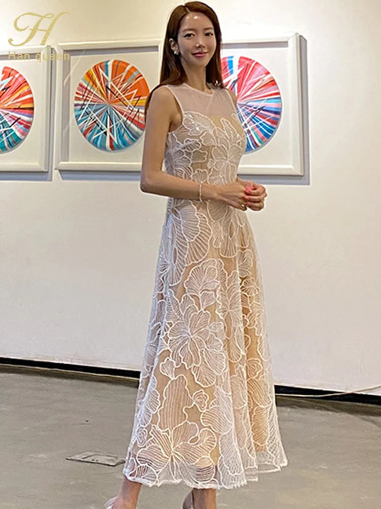 Fashion Slim O-Neck Long Party Casual Dress Hot Sale Summer Dresses Korean Retro Sleeveless Mesh Embroidery Vestidos