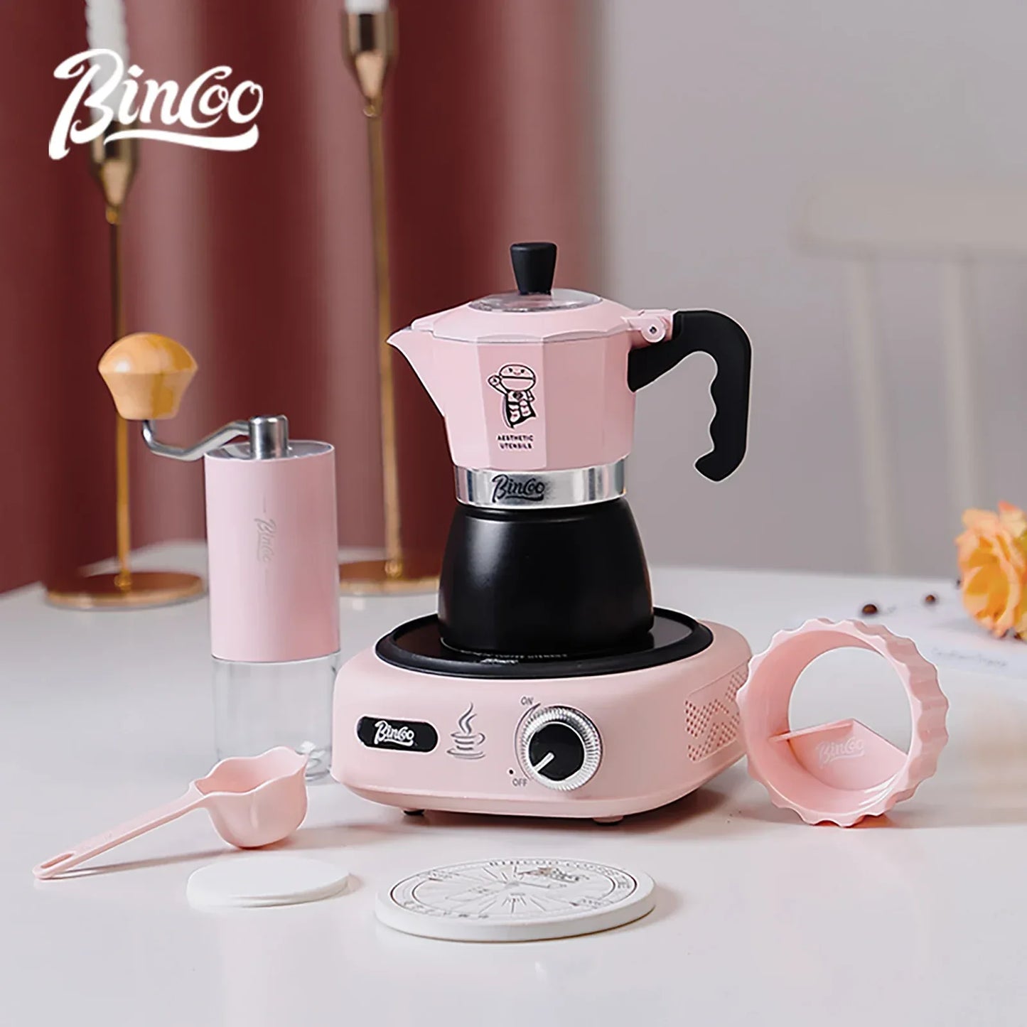 Bincoo Double valve Moka Pot Electric Stove Set Coffee Pot Household Italian Espresso Machine Mocha Pot Barista Accessories 220V