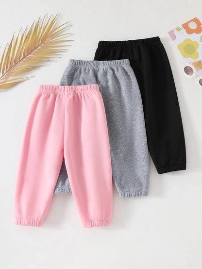 Cute autumn and winter baby girl casual thickened plush long pants, 3-piece set in black, pink, and gray