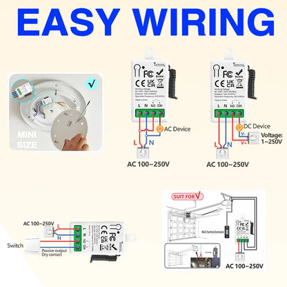 RF433MHz Dry Contact Wireless Remote Control Light Switch AC110V 220V 10A Mini Relay Module for Garage Control Lock LED DIY Lamp
