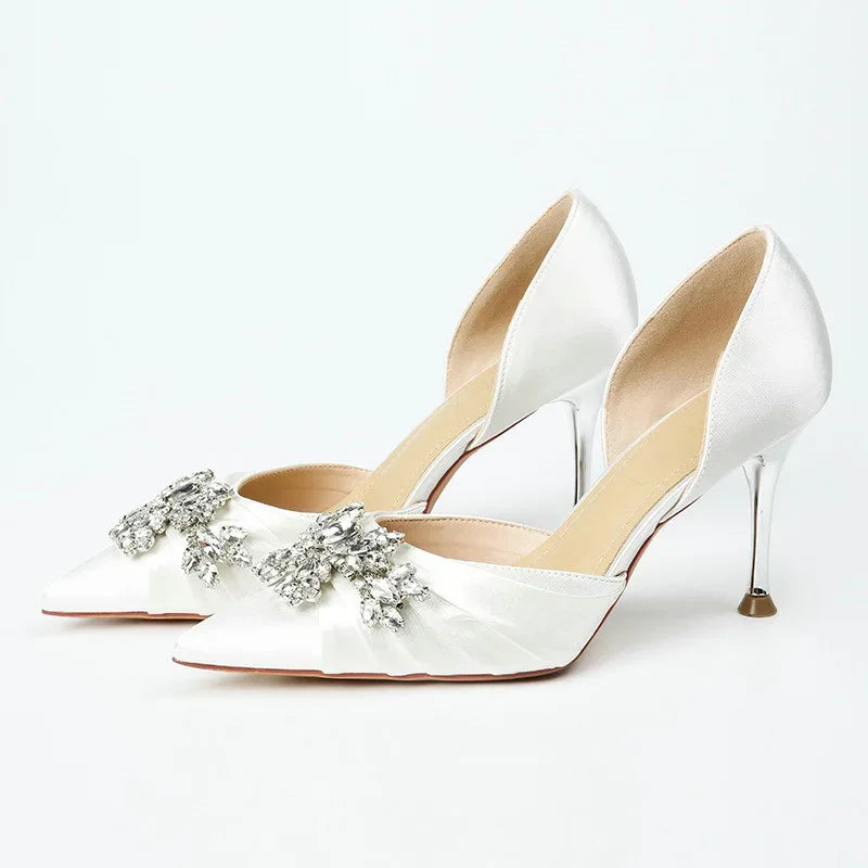 2025 Autumn New White French High Heels Pointy Rhine-Diamond Thin Heel Not Tired Foot Single Shoes Wedding Shoes
