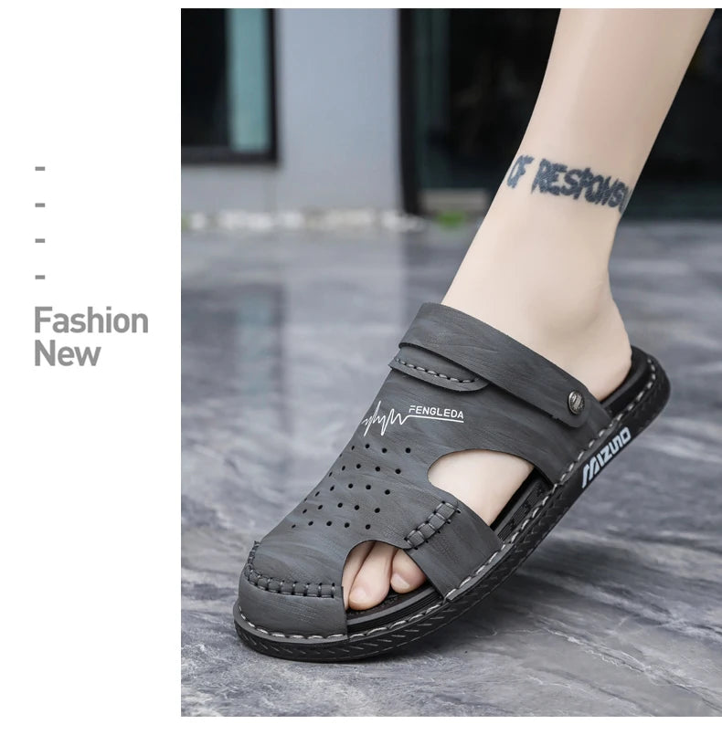 Men's Baotou Sandals Summer new Outdoor Cool Breathable Anti slip Waterproof Beach Shoes Soft Sole Fashion Dual purpose Slippers