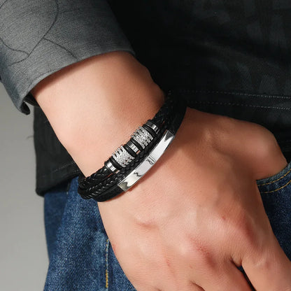 Custom Name To My Son Fashionable Titanium Steel CreativeLeather Woven BraceletWith Gift Box For Son  Birthday Christmas Gift