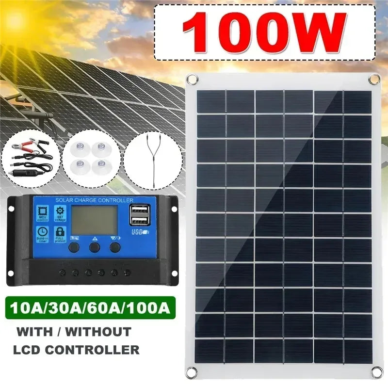 18V Solar Panel 100W + Dual USB Waterproof Outdoor Hiking Camping Portable Battery Mobile Phone Charging Bank Chargings Panels