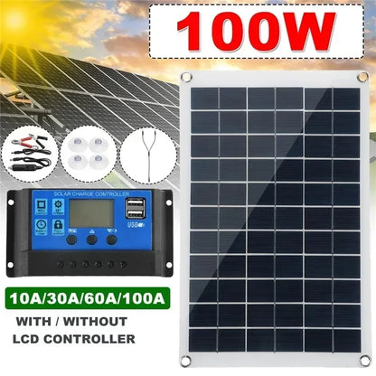 18V Solar Panel 100W + Dual USB Waterproof Outdoor Hiking Camping Portable Battery Mobile Phone Charging Bank Chargings Panels