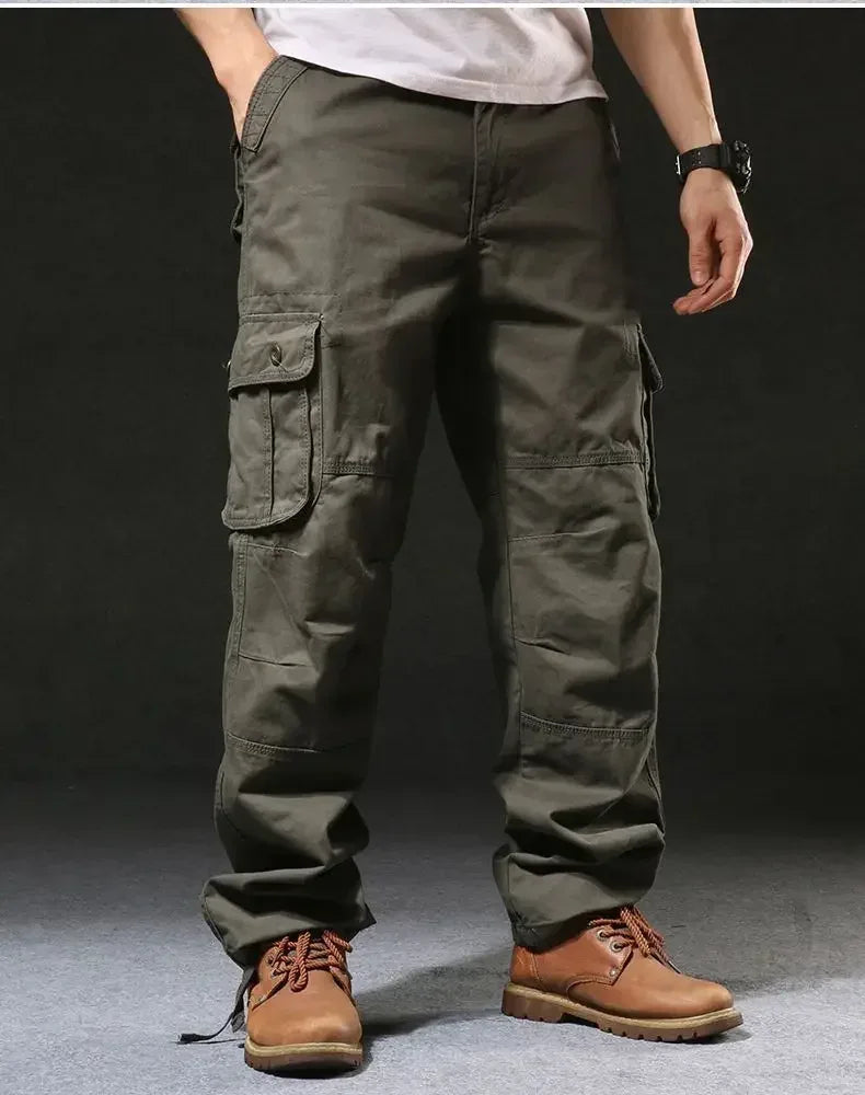 Cross-Border Men's Cargo Pants Spring Autumn Loose-Fit Pure Cotton Multi-Pocket Plus Size Straight-Leg Casual Pants