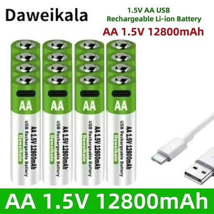 2025 New AA 1.5V USB Rechargeable Li-ion Battery 12800mAh Battery W/Type-C Cable for Toy Remote Control Mouse Electric Battery