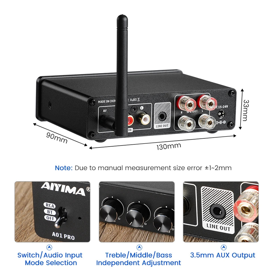 AIYIMA Audio A01 Pro TPA3116D2 Bluetooth Sound Power Amplifier 100W Mini Hifi Class D Stereo Amp Bass Treble for Home Theater