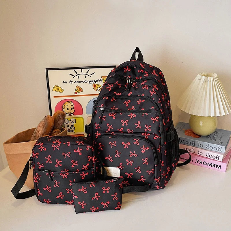 3 Pcs/Set Cute girl Large Capacity Backpack Bow Print Nylon Schoolbag Adjustable Strap Women daily Campus Backpack