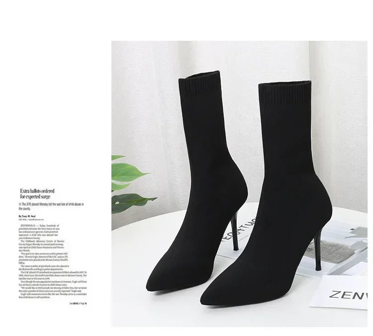 Comemore Knitting Stretch High Heels for Women Fashion Shoe 2025 Spring Autumn Ankle Boot Female Sexy Sock Boots Plus Size 34 42