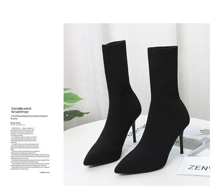 Comemore Knitting Stretch High Heels for Women Fashion Shoe 2025 Spring Autumn Ankle Boot Female Sexy Sock Boots Plus Size 34 42