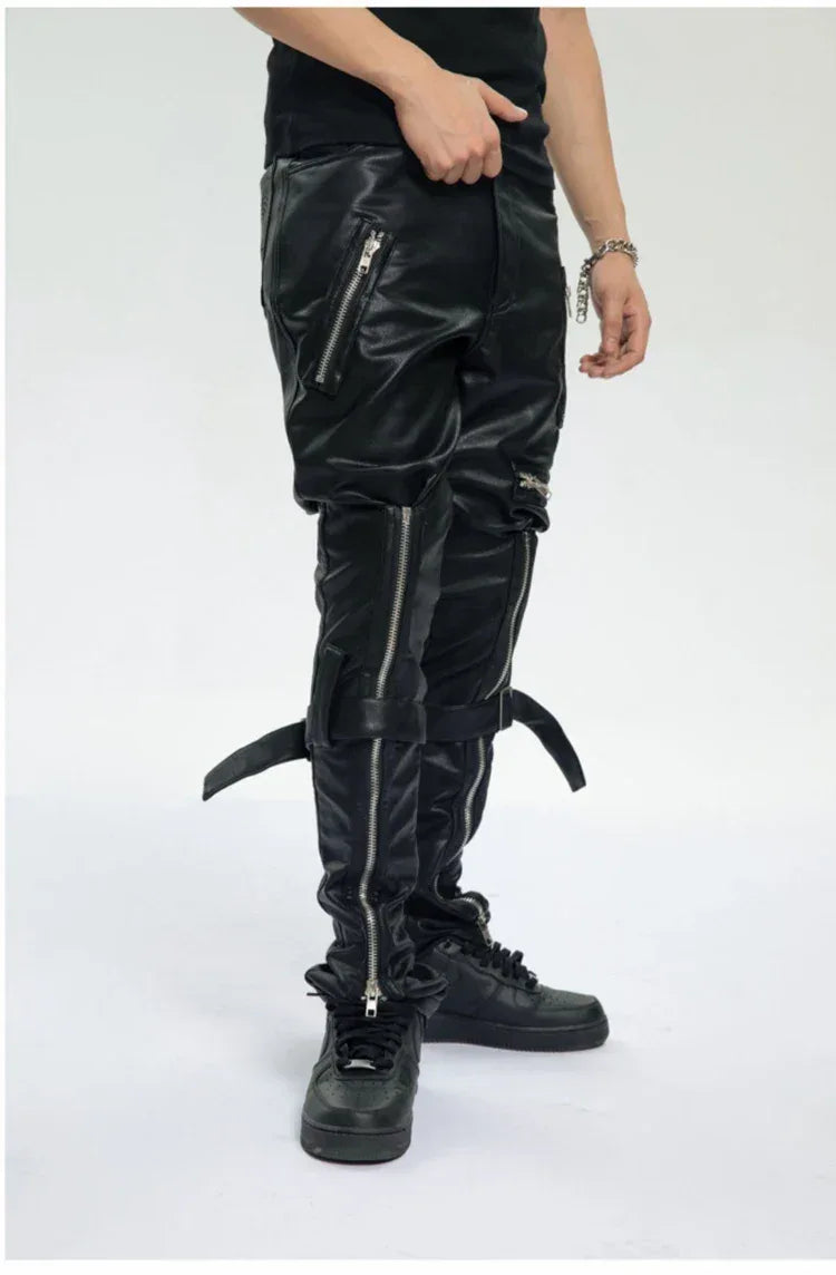 Mauroicardi Spring Autumn Cool Black Pu Leather Pants Men with Many Zippers Belt Luxury Designer Clothing Trousers Fashions 2023