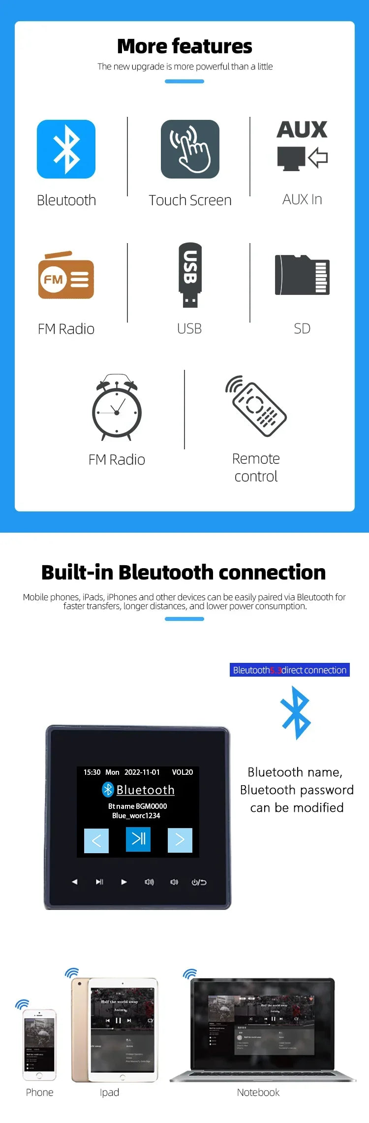 2.8inch Bluetooth Wall Amplifier Touch Screen Mini Stereo Amp Home Theater Sound System Audio Support Fm Radio Aux for Residenti