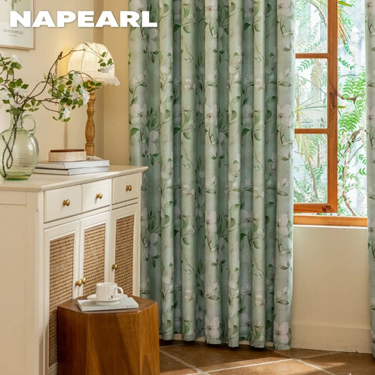 1PC European Style 100% Blackout Curtain for Bedroom Living Room Green Leaf Flower Printed Window Drapes Summer Curtains by PDG ibma
