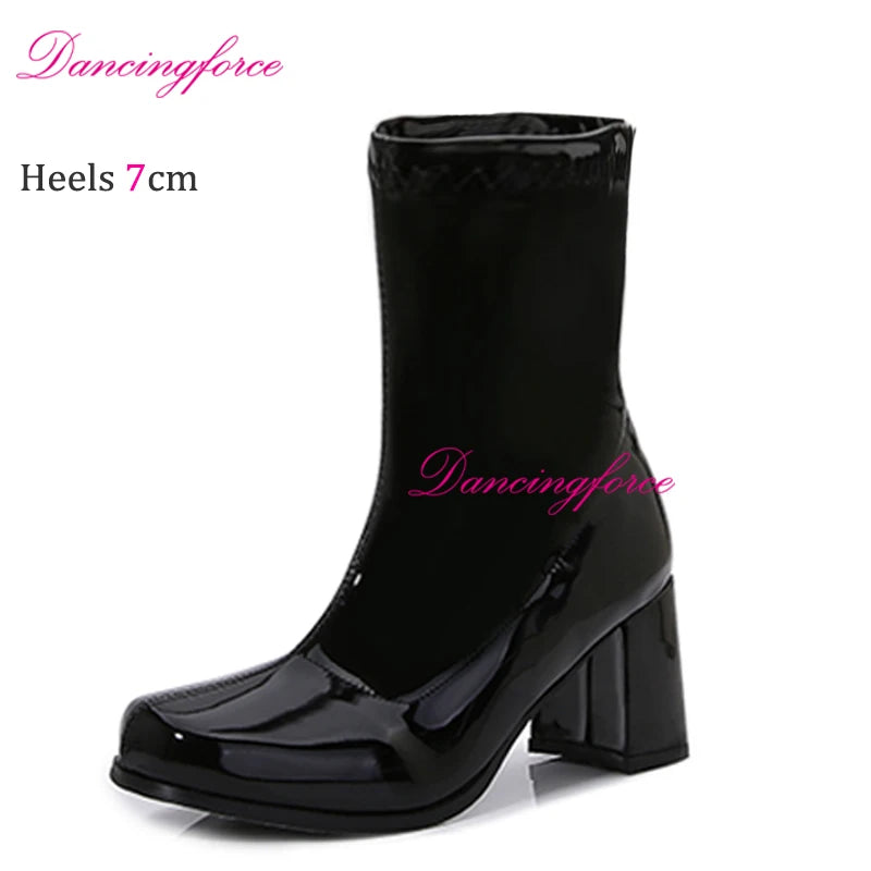 Sexy Gogo Boots 60s 70s Square Heel Ankle Classic Round Toe Boots Shiny Golden Zip Boots Unisex Party Dress Dance Shoes Woman