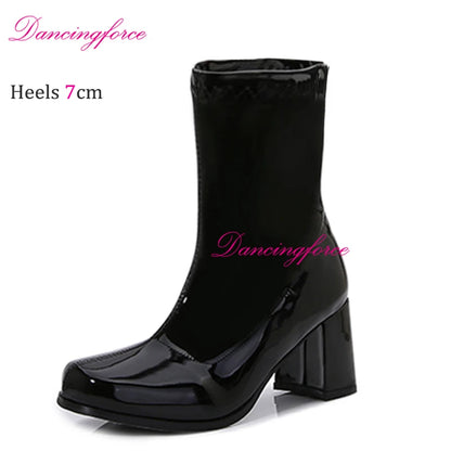 Sexy Gogo Boots 60s 70s Square Heel Ankle Classic Round Toe Boots Shiny Golden Zip Boots Unisex Party Dress Dance Shoes Woman