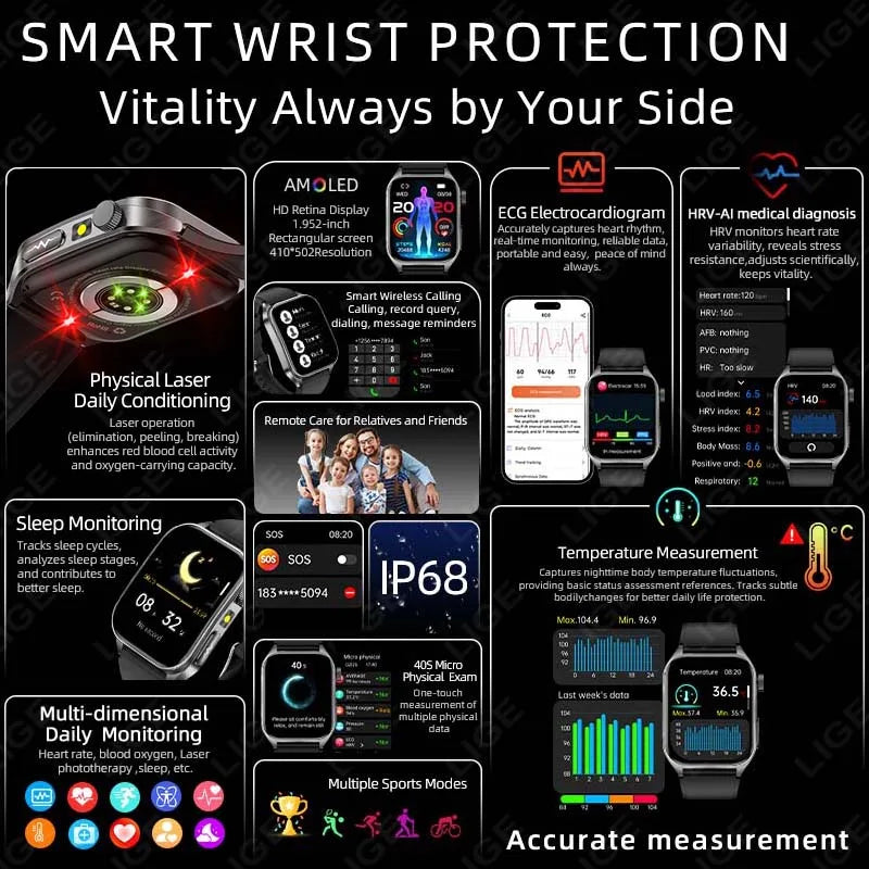LIGE New Accurate ECG+PPG Smart Watch Laser Therapy Blood Lipid Uric Acid BP Heart Health Analysis BT Call Smartwatch Men Women