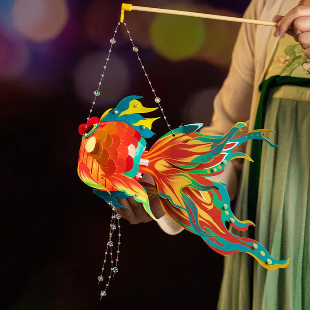 1 Set Goldfish Paper Lantern with Pole DIY Handmade Lantern Chinese New Year Mid-Autumn Festival Fish Night Light Material Bag