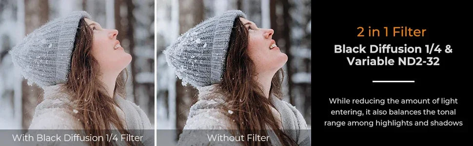 K&F CONCEPT ND2-32 1/4 Black Mist Diffusion Camera Filter lens Variable 2 in 1 ND Filters Video 49mm 52mm 58mm 62mm 67mm 77mm