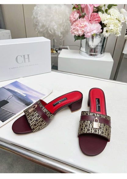 CH Brand Metal Buckle Embossed Sandals With Block Heels Open Toe Design Comfortable And Stylish Outdoor Slippers