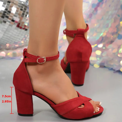 Women's Summer Fish Mouth High Heels Sandals Cross Band Thick Heel Hollow out Large Size Shoes for plus Size Ladies