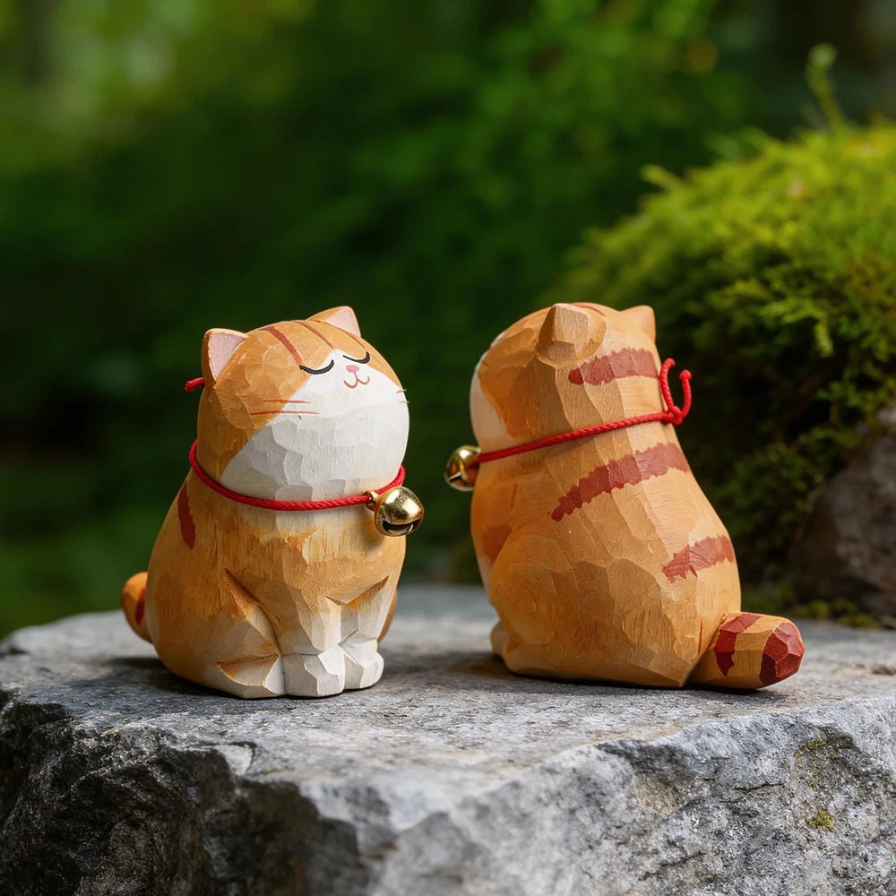 Cute Cat Animals Figurine Decorative Wooden  Ornament Kitten Statue Calico Golden gradient cat Home Office Desk Car Decor Gift