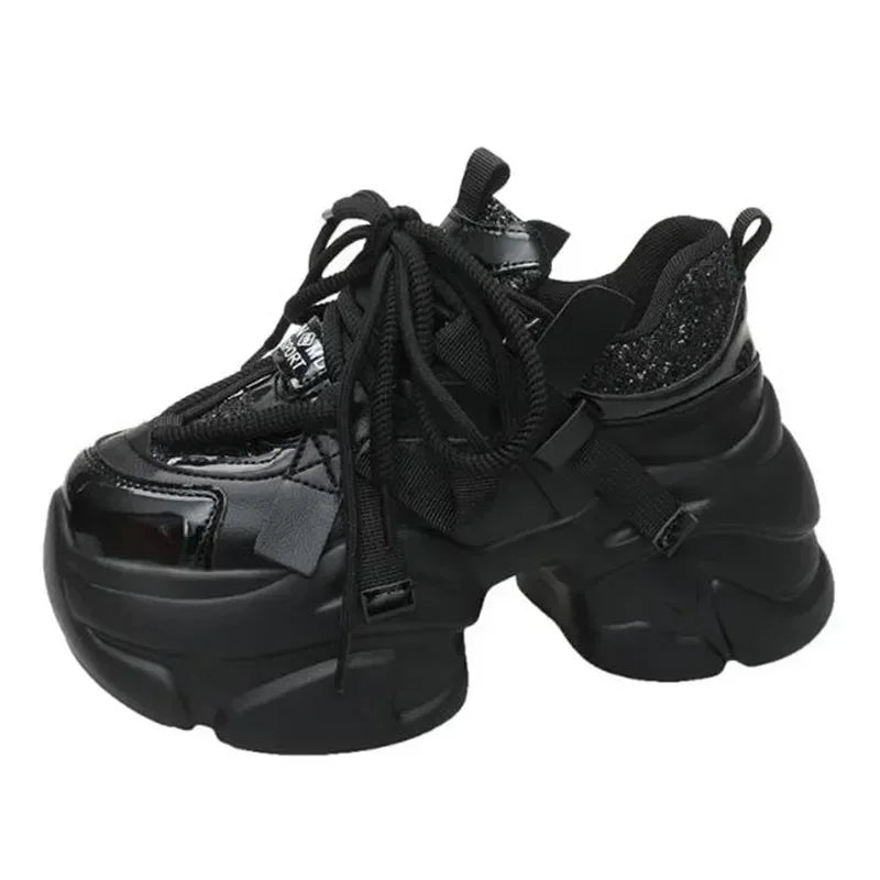 8CM Women Bling Red Chunky Sneakers Winter High Platform Warm Fur Shoes Ladies Wedges Casual Dad Shoes Leather Sports Sneakers