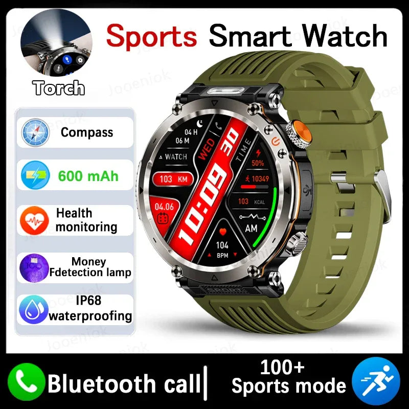 2026 New Outdoor Sports Smartwatch Men Compass 600mAh LED Flashlight Bluetooth Call 3ATM Waterproof Smartwatch For Android iOS