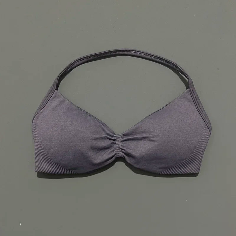 HISTELLO Strappy Bra Gym Top Women High Support Thin Strap Halter Sports Seamless Bras Scrunch Push-up Workout Yoga Tank Tops