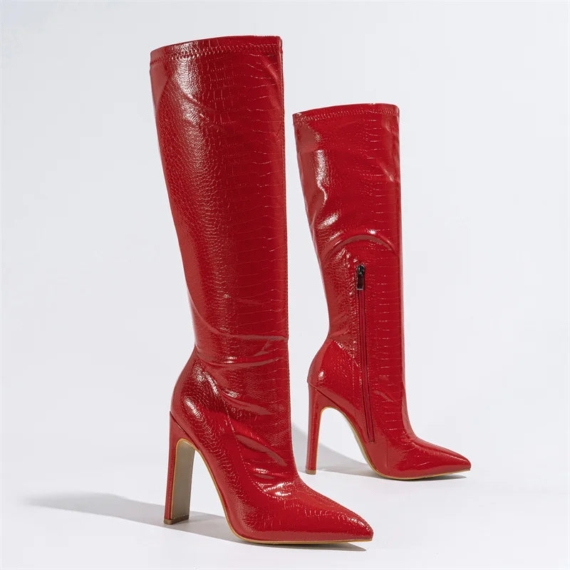 Hlieny Autumn Winter Fashion Women Knee High Motorcycle Boots Sexy Pointed Toe Square Heels Long Zipper Female Botas Shoes