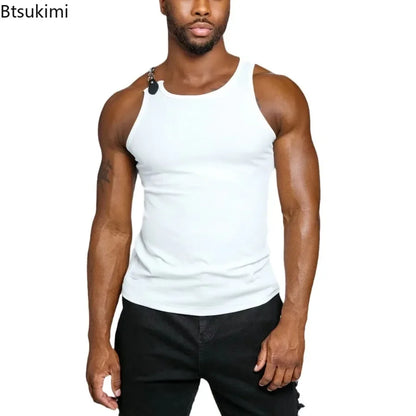 2026 Streetwear Men's Sexy Chain Button Straps Tank Tops Hip Hop Vest T-shirts Men Sleeveless Elastic Slim Fitness Muscle Vests