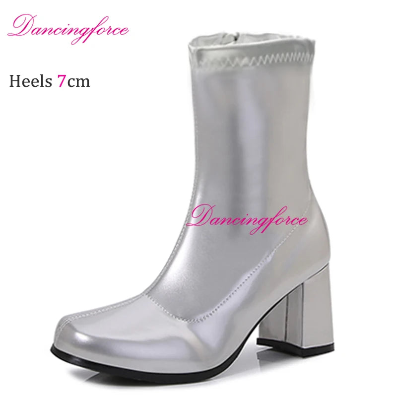 Sexy Gogo Boots 60s 70s Square Heel Ankle Classic Round Toe Boots Shiny Golden Zip Boots Unisex Party Dress Dance Shoes Woman