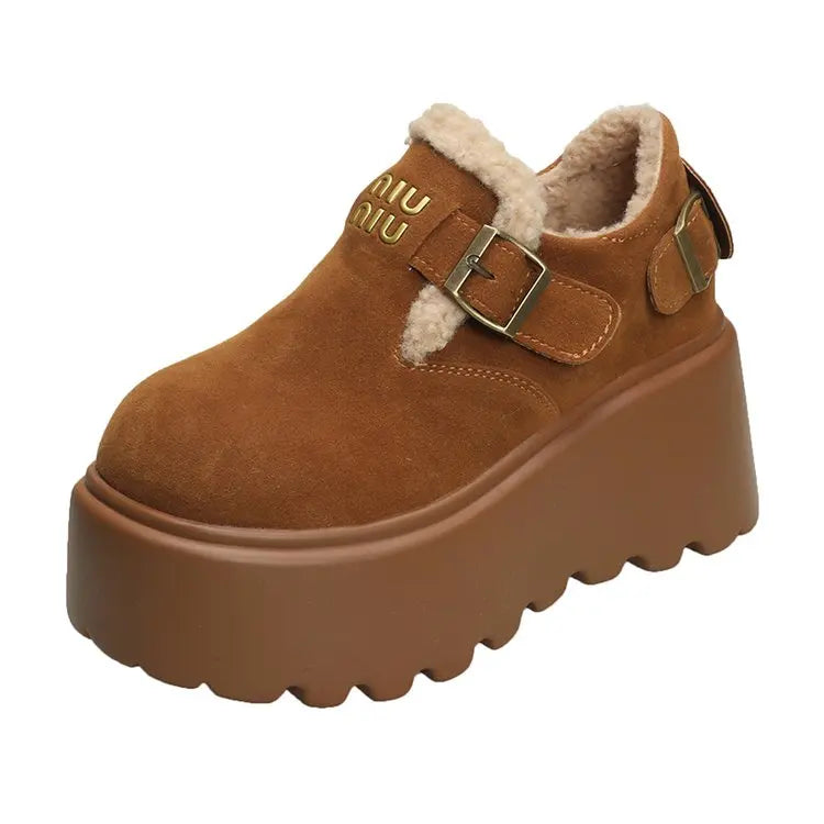 Platform High Heels Slippers Women Suede Mules Shoes Fur Warm Wedges Flip Flops 2025 Winter New Snow Boots Fashion Zapatos Mujer