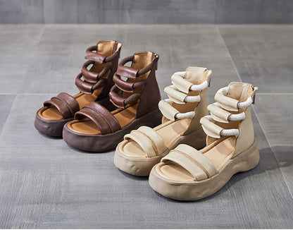 Koznoy 8cm Natural Genuine Leather Sandals Boots Flats Platform Wedge Summer Women Hollow Pumps Peep Toe Booties Mary Jane Shoes